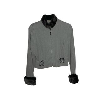 Joseph Ribkoff Cropped Grey Zipper Jacket with Faux Fur On Wrists and Neckline